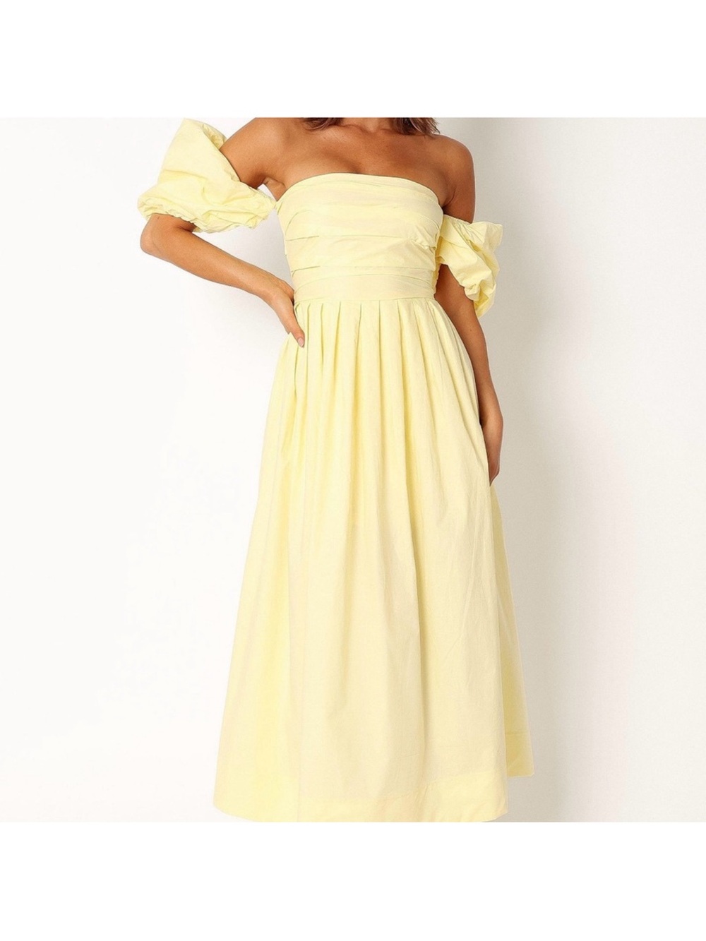 Off-Shoulder Strapless Yellow Midi Dress with Puff Sleeves
